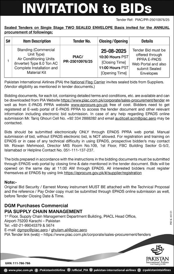 Pakistan International Airlines Karachi Tender Notice